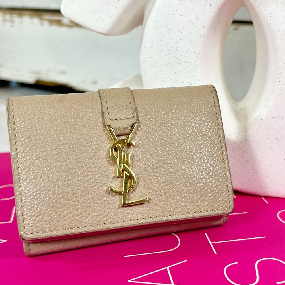 Saint Laurent Taupe Calfskin Line Flap Compact Wallet